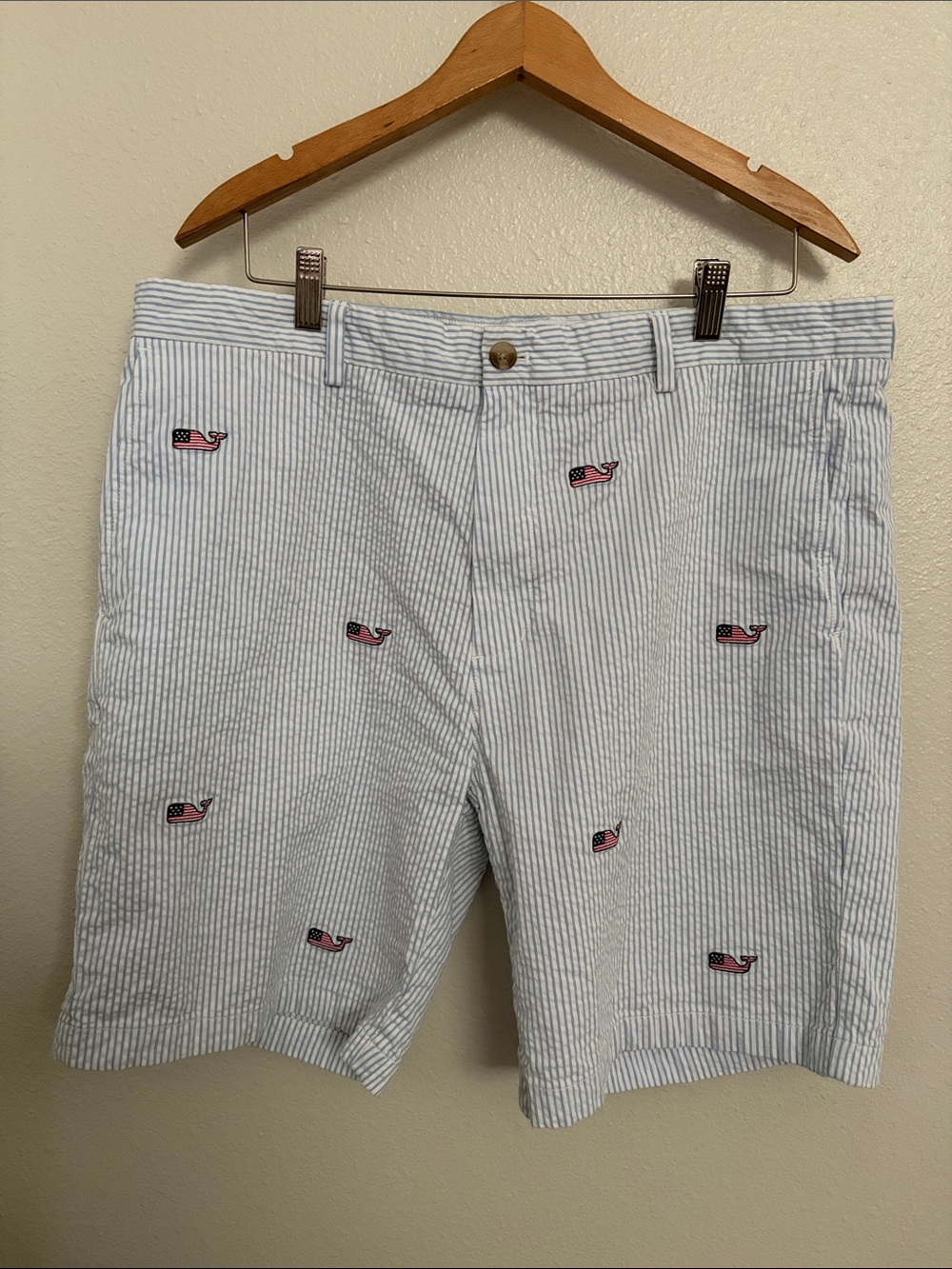 Vineyard Vines Light Blue & White Seersucker Shorts with Pink Whale Embroidery